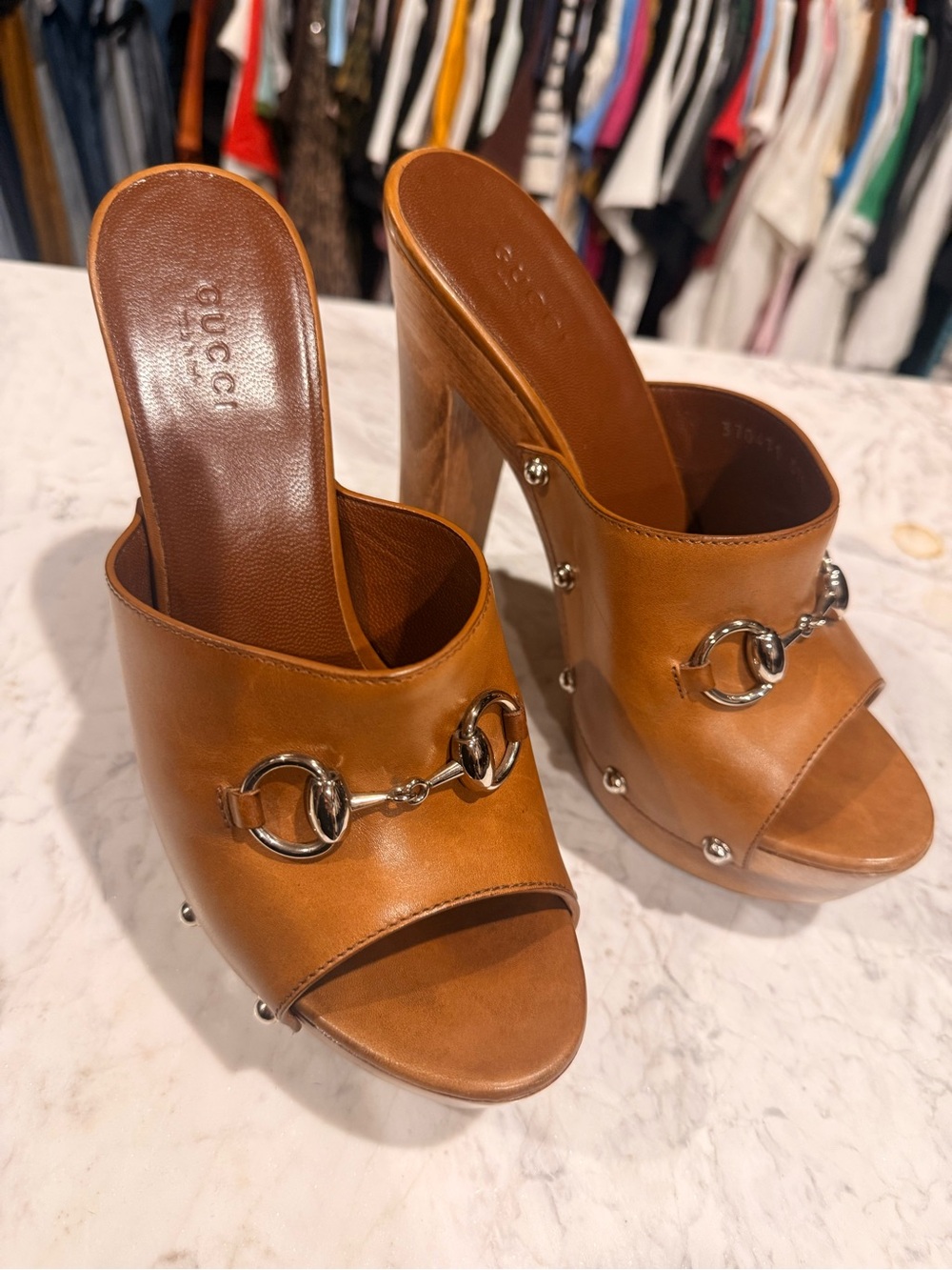 Gucci Brown Leather Platform Mule Heels with Gold Hardware